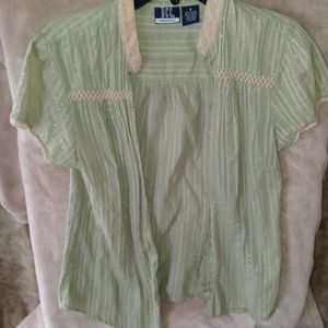 Green and beige short-sleeve button-up shirt
